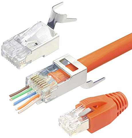 VCELINK 2.ª generación 10 Unidades Conectores RJ45 Cat 7 Cat6A Blindado Pasante Pass Through Para Cable de Red Cat7 Cat6A con Guía y Funda de Cable (naranja*20)