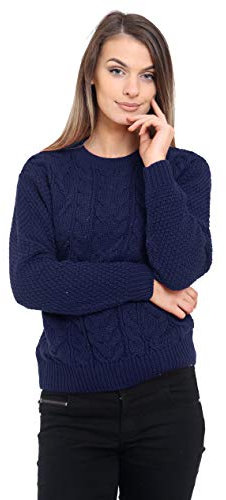 Generation Fashion New Ladies Cable Knit Crew Round Neck Long Sleeve Women Knitted Jumper Sweater [Navy,ML]