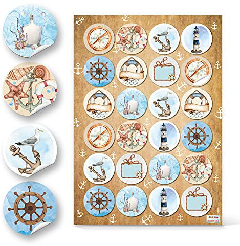Maritime Aufkleber, 24er Set: Sticker mit Muscheln, Anker, Möwe & Leuchtturm, Spruchaufkleber, Deko Sommer, Meer & Strand, Maritim, Dekoration für Karten, Geschenke & Party, Dekosticker Klein, Ø 4 cm