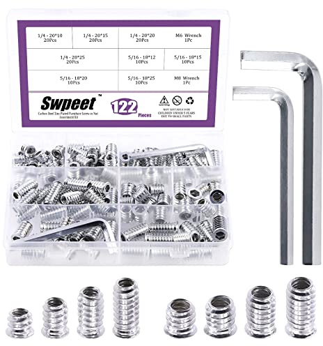 Swpeet Lot de 122 écrous filetés en acier au carbone plaqué zinc blanc pour meubles - Inserts filetés en bois - Connecteur de fixation hexagonal (0,6 cm + 0,7 cm)