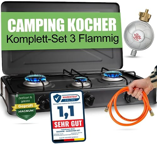 Magnum® Gaskocher Trio inkl. Gasschlauch 1,5 m und Drucklager 30 mbar- robuster Gaskocher für Gasflasche bis 11 KG – Campingkocher mit 3 Kochfelder – Ideal für Camping und Angeln