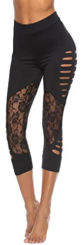 Gellmall Damen High Waist 3/4 Leggings Yoga Hose Spitzen Jogginghose Push Up Fitnesshose Frauen Leggins Gym Workout Tights Weich Elastisch Sporthose L