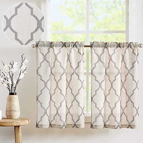 TOPICK Scheibengardine Sheer Vorhang Bistrogardine Halb Transparent Gardine Gaze Paarig Schals Scheibengardinen Fensterschal für Küche Wohnzimmer Landhaus 2er-Set 65B x 60H (cm) Grau auf Beige