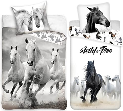 rainbowFUN.de Wildpferde 2 x Pferde-Bettwäsche-Set Wendemotiv 135x200 80x80 Pferd Horse Hengst Baumwolle