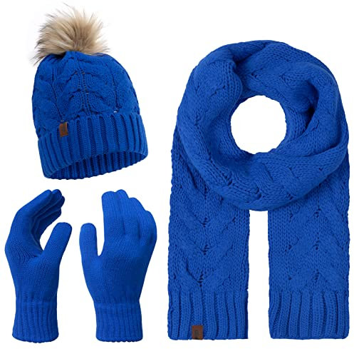 Rock Creek Winter Mütze mit Bommel Schal Set Geschenkset Wintermütze Winterschal Winterhandschuhe Herrenmütze Damenmütze U-101 Blau Einheitsgröße