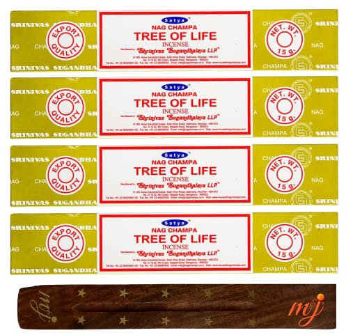 Satya Nag Champa Lot de 4 paquets de bâtons d'encens Arbre de vie avec porte-encens, pour l'aromathérapie, le spa, le yoga, les mariages, la méditation, la guérison, la positivité et la relaxation