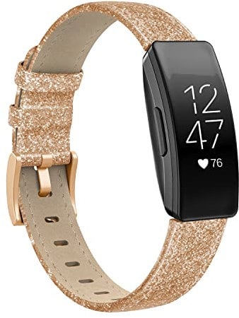 Tuocal Bracelet de rechange en cuir véritable compatible avec Fitbit Inspire, HR et 2 - Pour homme et femme - Or rose pailleté