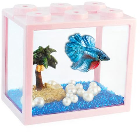 Petit aquarium Betta empilable avec décoration de gravier et perles, 1,9 l, petit cube pour boules d'algues, singes de mer, rose