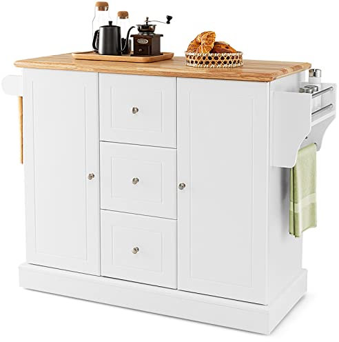 GIANTEX Küchenwagen mit Arbeitsplatte, bewegliche Kücheninsel mit 5 verdeckten Rollen, Küchenschrank Sideboard mit 3 Schubladen & 2 Schrank, Servierwagen Rollwagen mit Handtuchhalter & Gewürzregal