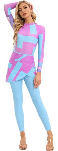 OBEEII Burkini für Damen Langarm Modest Bademode Langarm Oberteil + Schwimmhose +Hijab/Sarong Sommer Swimwear Beachwear Tankini Set Violett 3pcs L