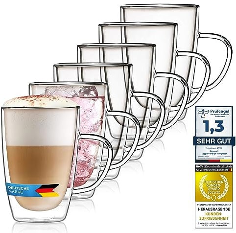 Doppelwandige Kaffeetasse Thermo-Gläser Set 400ml für Espresso Cappuccino, Teegläser Kaffeegläser Latte Macchiato Tassen, Schwebeeffekt mit Henkel (6 Stück)