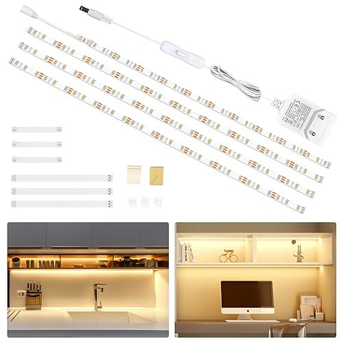 WOBSION Luce Led Sottopensile Cucina con Switch,2m Bianco Caldo Flessibile Autoadesiva Striscia di 4X50cm,1200LM,2700K Light per Scale,Armadio,Soggiorno,Vetrine