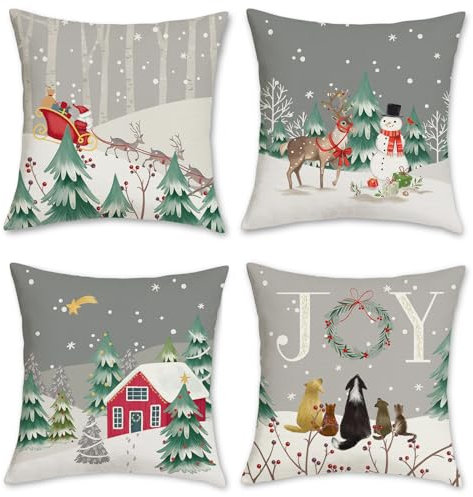 Bonhause 4er Set Kissenbezüge Weihnachten Winter Grau 45 x 45 cm Verschneite Kiefer Schneemann Rentier Polyester Leinen Dekorative Kissenhülle Zierkissenbezüge für Feiertag Dekoration