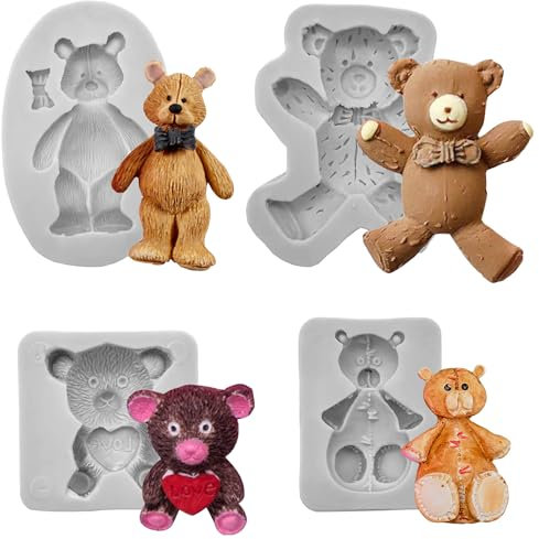 Niuhong 4 Pcs Bär Silikonform Schokolade Fondant Kreative Teddybär Kuchenform Backform 3D Kleine Bären Schokoladenformen Gummibärchen Eisform Niedliche Teddy Formen Silikon Süßigkeiten Kuchen Form DIY