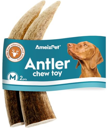 AmeizPet Geweih Für Hunde Natürlich, Dauerhaft Hunde Kauknochen, REH Kauknochen Für Den Hund Hirschgeweih Lang Anhaltende - 2 Stücke M Größe