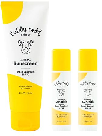 Tubby Todd Face and Body Mineral Sunscreen Kit for Baby, Toddler and Kids - Sunscreen 4 Fl Oz and Sunstick 0.5 Oz Duo Bundle - Fragrance-Free