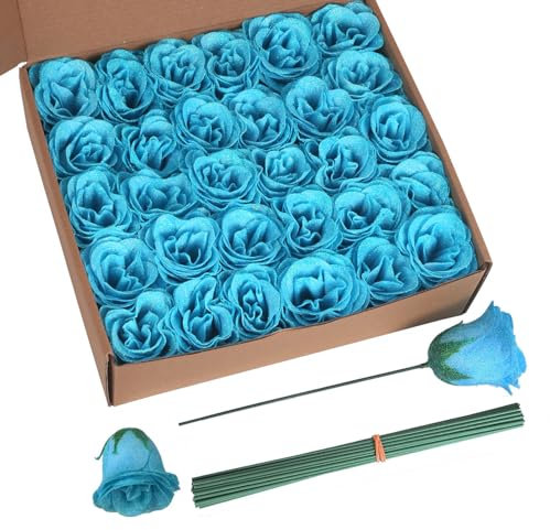 ICBOX 30PCS Blue Glitter Roses Artificial Flowers with Stems for Crafts Wedding Party Home Decor
