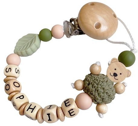 personalisierte gestaltetes Babygeschenk mit Namen für Mädchen oder Junge Baby Geschenk personalisiert zur Geburt & Taufe Natur Holz Grün Silikon Blatt & Teddy Bär