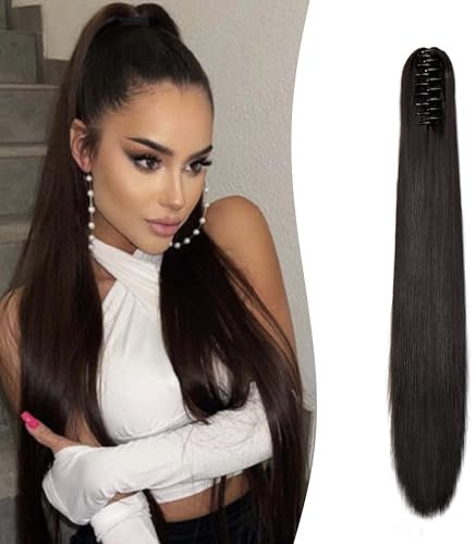 Gairyan 60cm Cola de Caballo Extensiones Pelo Natural Coleta Postiza Lisa con Pinza Extensiones Coleta Larga con Pinza Extensiones de Cabello Postiza Pelo Sintético - Marron oscuro