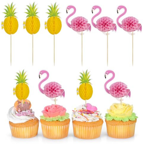 Tortendeko 3D Flamingo Cupcake Topper Ananas Torten Deko, Kuchen Deko für Kinder, Cake Decoration für Geburtstag, Hochzeit, Party (24 Stück)