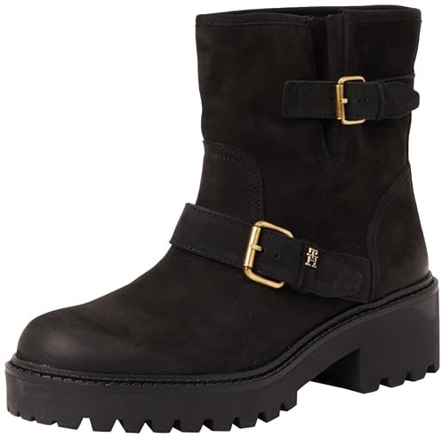 Tommy Hilfiger Donna Stivali Mezza Gamba Biker Double Buckle in Pelle, Nero (Black), 41