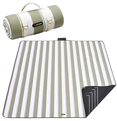 HX&OD Outdoor-Picknickdecke, extra groß, 203 x 203 m, wasserdichte Picknickmatte mit Heringen, faltbare Campingdecke, tragbar mit Tragegurt für Strandmatte, Grün, 203 x 203 cm