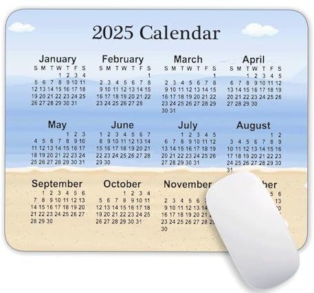 2025 Calendar Sky Beach Background Calendar Mouse Pad, Gaming Mouse Mat with Custom Design, Non-Slip Rubber Base MousePads for Office Home Laptop Travel, 9.5x7.9x0.12 Inch