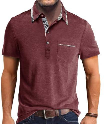 Comilaka Men's Short Sleeve Casual Polo Shirts Classic Button Contrasting Colors T- Shirts with Pocket Stylish Tops Red