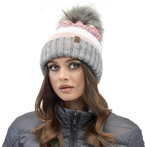 VIVISENCE Winter Mütze Mit Bommel Für Damen Aus Wärmendem Garn Mit Antistatischer Wirkung Bommelmütze Aus Weichem Innenfutter Perfekte Passform Für Kalte Wintertage Modell 7099, Grau,Einheitsgröße