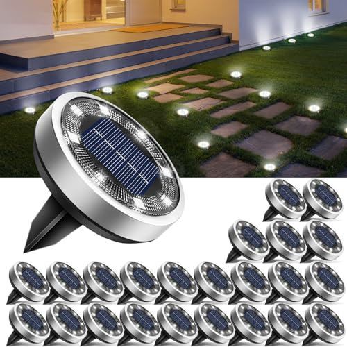 btfarm 24 Pezzi Luci Solari da Giardino, 8 LED Faretti Sepolta Solari a Led da Esterno, Lampade Solare da Terra IP65 Impermeabile per Cortile Prato Vialetto Scala - Bianco Freddo