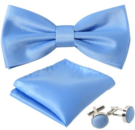 Herren-Fliegen-Set, einfarbig, vorgebundene Fliege und Einstecktuch, Manschettenknöpfe, Set mit Geschenkbox, Hell, blau, Medium