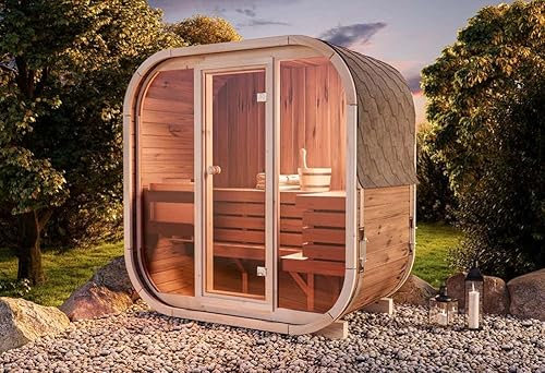 FinnTherm Comfort Set Fasssauna Ellipso M Fasssauna 1 Sitzbänke aus Holz, Sauna mit 42 mm Wandstärke, Außensauna mit Montagematerial
