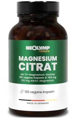 NEOLYMP Magnesiumcitrat Kapseln hochdosiert - 360mg elementares Magnesium pro Dosis - produziert in Deutschland - vegan, laborgeprüft & nachhaltiges Braunglas (Magnesiumcitrat 180 Kapseln)