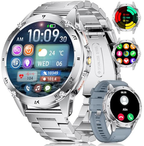SUNKTA Smart Watch for Men with Flashlight/530mAh Battery, 1.43'' AMOLED Smartwatch for Android iOS, Military Sport Watch with Bluetooth Call Health Monitor IP68 Waterproof Fitness Tracker, Silver