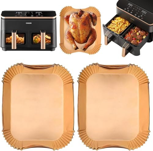 YJDM Airfryer Lot de 100 feuilles de cuisson rectangulaires pour friteuse à air chaud COSORI CAF-R901-AEU, friteuse à air chaud 2 compartiments Dual Zone Airfryer Air Fryer XXL 8,5 l