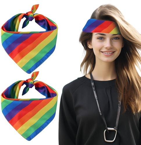 2 Stück Regenbogen Schal Rainbow,Bandana,Lgbtq,ZubehöR Tuch,KostüM Gay Pride Haarband Regenbogen-HaarbäNder,Haarreif Regenbogen Tuch Kopfschmuck,Schals Scrunchies Regenbogen Accessoires Damen Halstuch