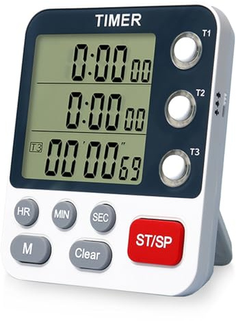 Digitaler Dreifach-Küchentimer, 3 Kanäle, Count-Up/Down-Timer, mit Uhr, magnetisch, Speicherfunktion LCD Anzeige, Einstellbare Lautstärke Küchentimer Digital, für Schule, Büro, Sport, Hautpflege