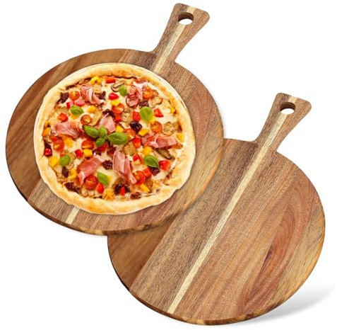 Planche à Pizza, Lot de 2 Assiettes à Pizza en Bois, Assiette Pizza, Planche a Decouper Bois, Assiette à Pizza pour Pizza, Planche à Découper Ronde, Plateau Léger avec Poignées, 30,4 X 40,6 cm