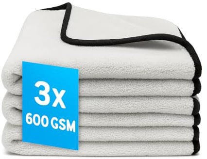 Kemes Lot de 3 chiffons secs en microfibre de qualité supérieure - Gris avec bordure noire - Sans traces - Pour entretien de voiture - 30 x 30 cm - 600 g/m²