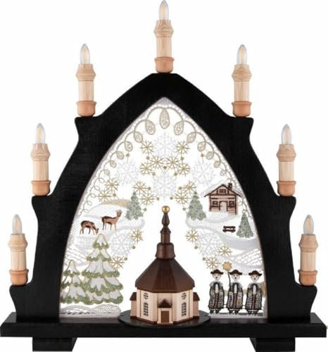 PGV Original Erzgebirgischer Holz-Schwibbogen Lichterbogen mit Plauener Spitze - Seiffener Kirche - Buche dunkel