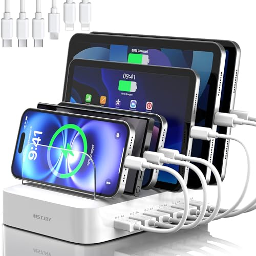 MSTJRY Ladestation für mehrere Geräte: USB-Ladestation mit 6 Anschlüssen – Familien-Organizer für mehrere Geräte – entworfen für iPhone, iPad, Android, Handy, Tablet und Elektronik, Weiß