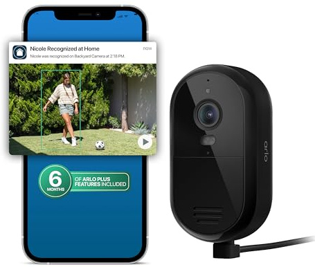 Arlo Essential Sicherheitskamera 2K (Version 2025) + 6 Monate Secure Plus, kontinuierliche Plug-in, Personenerkennung, Paketerkennung, animierte Vorschau, Dualband-WLAN, 1