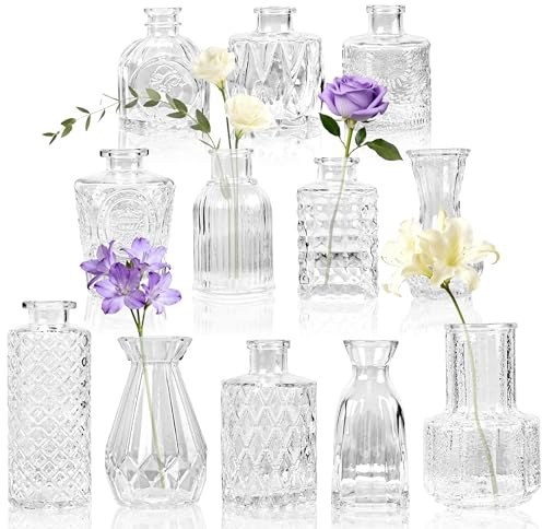 BTSD-home 12 Stück Vasen Klein Tischdeko zur Hochzeit Deko | Robustes dickes Glas Mehrere Größen kombinierbar Hochzeit Tischdekoration Einfach Blumen arrangieren Atmosphäre schaffen