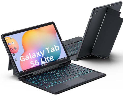 JUQITECH Magnetic Trackpad Keyboard Case for Samsung Galaxy Tab S6 Lite | 10.4, UK Layout Detachable 7 Colors Backlit Bluetooth Keyboard, Soft TPU Kickstand Case S Pen Slot, For Study Travel Office