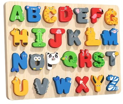 Perfeclan -Alphabet-Puzzle, Alphabet-Lernspielzeug, Formpaarung, ABC-Buchstaben-Tier-Puzzles, Sortierblöcke-Brett für Zug, Auto, Zuhause