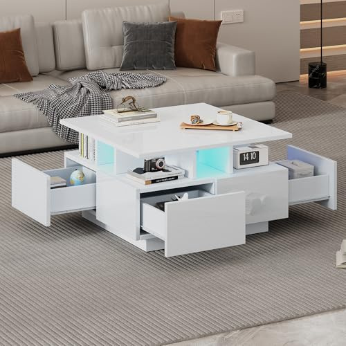 BTM 70x70x40cm Wohnzimmer teetisch, Hochglanz kaffeetisch, Couchtisch mit LED licht, sofatisch mit 4 schubladen,Beistelltisch mit geometrische Design, Weiß, Gesamttragkraft 30kg