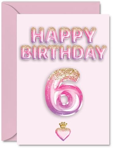 6th Birthday Cards for Girls and Boys, Pink & Purple Glitter Balloons | Happy Birthday Card for 6 Year Old Boy Girl Grandson Cousin Son Niece, A5 Bday Greeting Cards
