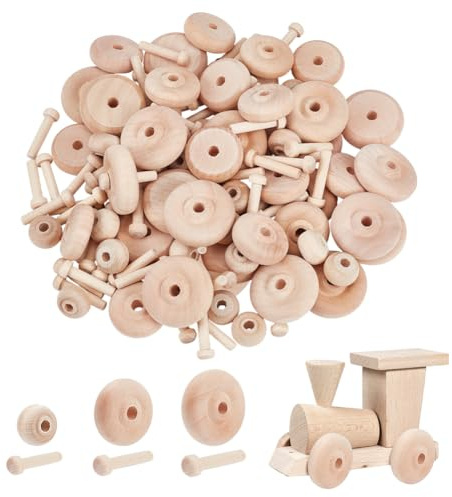 NBEADS 60 Sets Wooden Wheels Set for Crafts, 3 Sizes Unfinshed Wooden Wheel Building Blocks Set Mini Wheels with Axle Pegs for Crafts Painting Colors Wood Working Pegboards