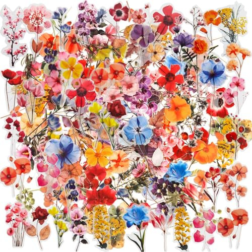 BelleFlair 100 Stück Blumen Aufkleber, Wasserfeste Sticker für Scrapbooking, Journal Zubehör, Deko Sticker Set für Laptop, Wasserflasche, Planer, DIY Basteln
