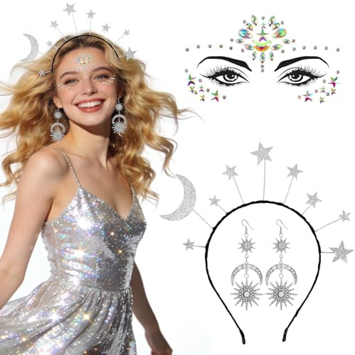 Haarreif Sterne, Stern Mond Haarreifen Damen, Gesichtstattoo Karneval Sonne Mond Sterne Ohrringe für Fasching Kostüm Damen Braut Hochzeit Kostüm Cosplay Party (A)